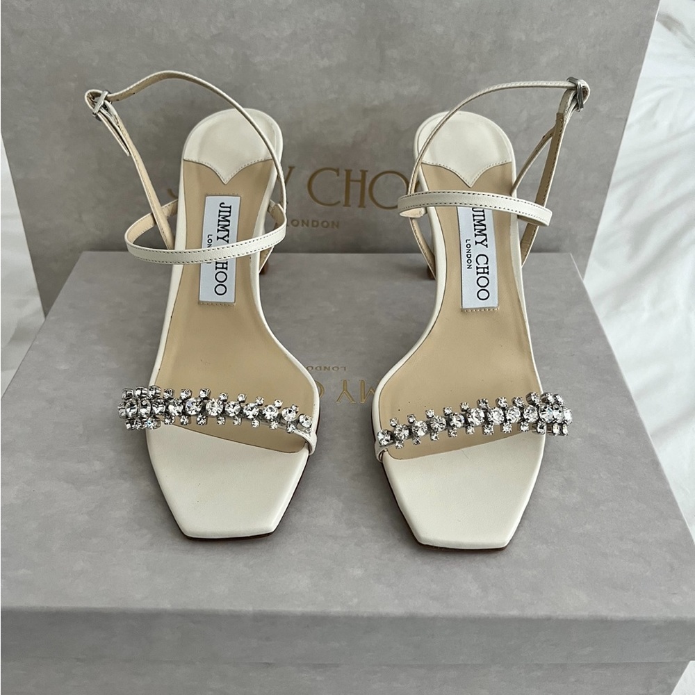 Jimmy Choo Meira 85 Latte Nappa Sandals with Crystal Embellishment